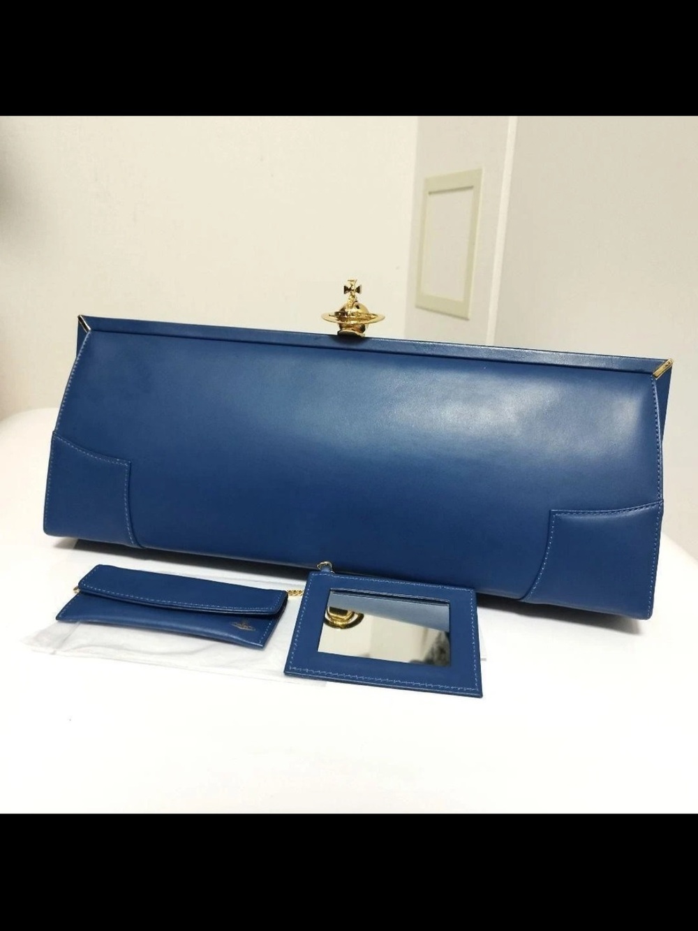 Vivienne Westwood Blue Leather Clutch with Gold Orb Closure